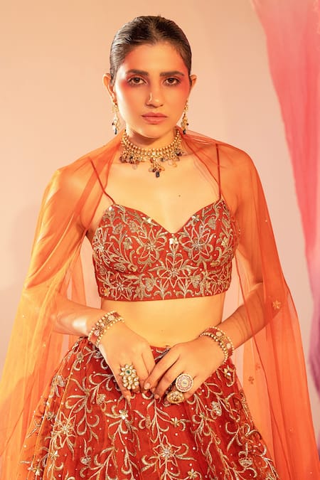 Silky Bindra Orange Net, Silk Sequins, Crystals Flower Vine Embroidered Lehenga Set Online at Aza Fashions Silky Bindra_Orange Net, Silk Sequins, Crystals Flower Vine Embroidered Lehenga Set _Online_at_Aza_Fashions
