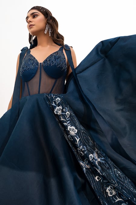 Buy_Nayna Kapoor_Blue Silk Embroidery Floral V Neck Embellished Corset Gown _Online_at_Aza_Fashions