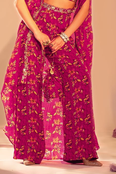 Silky Bindra_Purple Georgette, Satin, Cotton Embroidery, Floral Print Cape Jacket And Pant Set _Online_at_Aza_Fashions
