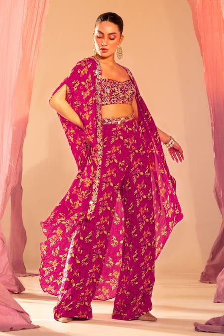 Buy_Silky Bindra_Purple Georgette, Satin, Cotton Embroidery, Floral Print Cape Jacket And Pant Set _Online_at_Aza_Fashions
