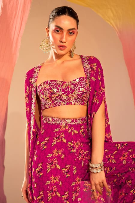 Shop_Silky Bindra_Purple Georgette, Satin, Cotton Embroidery, Floral Print Cape Jacket And Pant Set _Online_at_Aza_Fashions