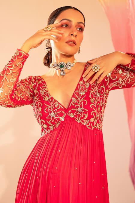 Silky Bindra Pink Satin, Georgette, Net Embroidery V-neck Flower Yoke Anarkali With Dupatta Online at Aza Fashions Silky Bindra_Pink Satin, Georgette, Net Embroidery V-neck Flower Yoke Anarkali With Dupatta _Online_at_Aza_Fashions