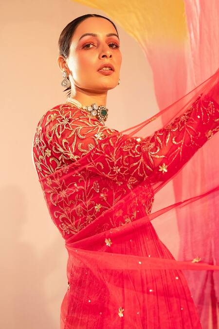 Buy Silky Bindra Pink Satin, Georgette, Net Embroidery V-neck Flower Yoke Anarkali With Dupatta Online at Aza Fashions Buy_Silky Bindra_Pink Satin, Georgette, Net Embroidery V-neck Flower Yoke Anarkali With Dupatta _Online_at_Aza_Fashions