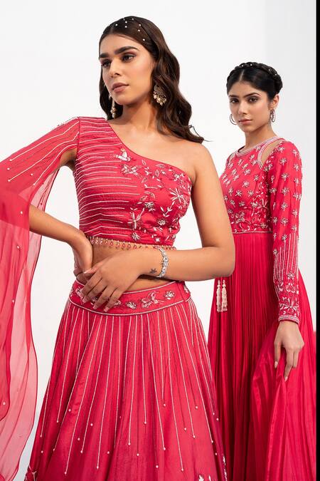 Buy_Nayna Kapoor_Red Georgette, Organza Pearls, Sequins, Cut Work Bird Embroidered Lehenga Set _Online_at_Aza_Fashions