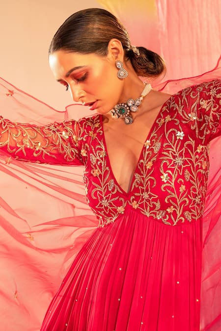 Shop Silky Bindra Pink Satin, Georgette, Net Embroidery V-neck Flower Yoke Anarkali With Dupatta Online at Aza Fashions Shop_Silky Bindra_Pink Satin, Georgette, Net Embroidery V-neck Flower Yoke Anarkali With Dupatta _Online_at_Aza_Fashions