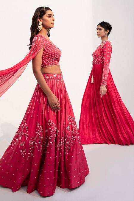 Shop_Nayna Kapoor_Red Georgette, Organza Pearls, Sequins, Cut Work Bird Embroidered Lehenga Set _Online_at_Aza_Fashions