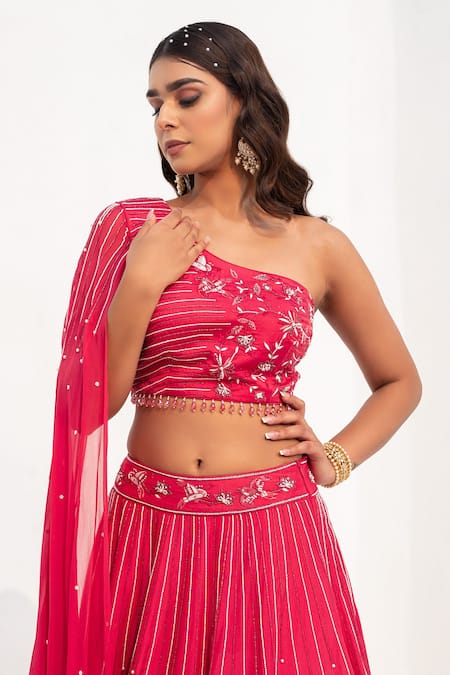 Nayna Kapoor_Red Georgette, Organza Pearls, Sequins, Cut Work Bird Embroidered Lehenga Set _at_Aza_Fashions