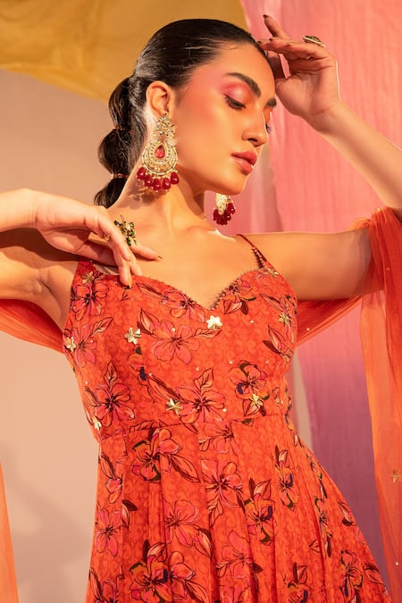 Buy_Silky Bindra_Orange Georgette, Satin Thigh Slit Floral Print Anarkali With Dupatta _Online_at_Aza_Fashions