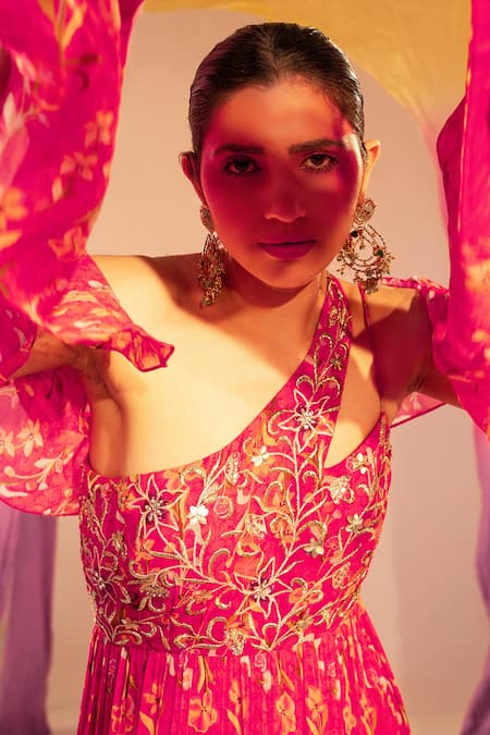 Silky Bindra_Pink Georgette Embroidery, One Shoulder Floral Print Anarkali With Dupatta _Online_at_Aza_Fashions