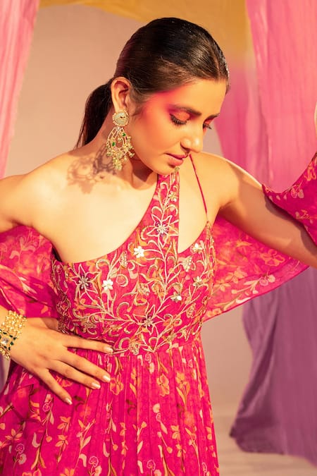 Buy_Silky Bindra_Pink Georgette Embroidery, One Shoulder Floral Print Anarkali With Dupatta _Online_at_Aza_Fashions