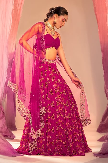 Buy Silky Bindra Purple Georgette, Satin Stones, Embroidery Hibiscus Floral Print Lehenga Set Online at Aza Fashions Buy_Silky Bindra_Purple Georgette, Satin Stones, Embroidery Hibiscus Floral Print Lehenga Set _Online_at_Aza_Fashions