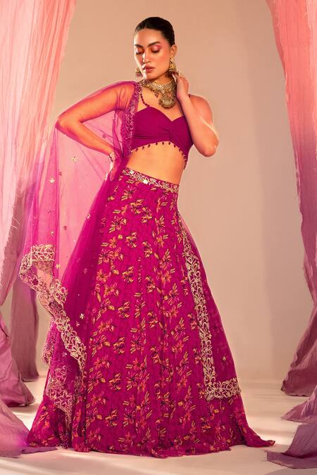 Shop Silky Bindra Purple Georgette, Satin Stones, Embroidery Hibiscus Floral Print Lehenga Set Online at Aza Fashions Shop_Silky Bindra_Purple Georgette, Satin Stones, Embroidery Hibiscus Floral Print Lehenga Set _Online_at_Aza_Fashions