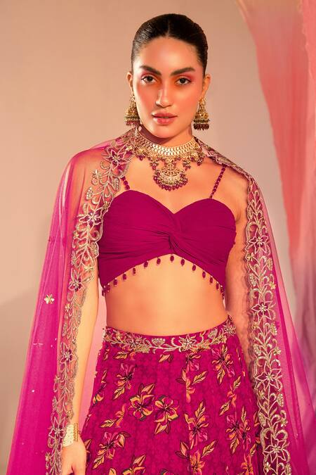 Silky Bindra Purple Georgette, Satin Stones, Embroidery Hibiscus Floral Print Lehenga Set at Aza Fashions Silky Bindra_Purple Georgette, Satin Stones, Embroidery Hibiscus Floral Print Lehenga Set _at_Aza_Fashions
