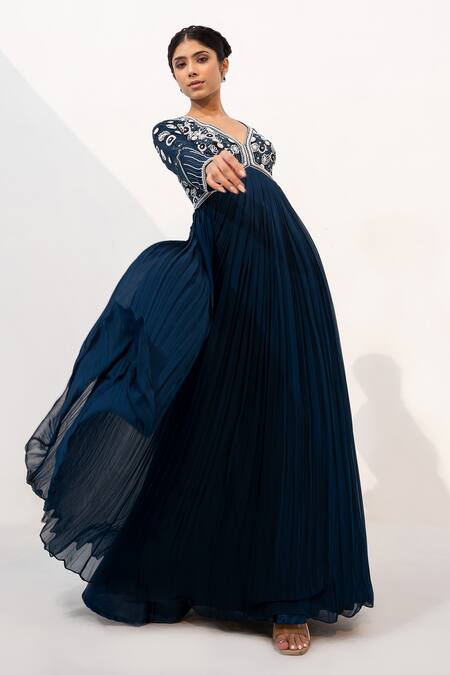 Nayna Kapoor Blue Georgette Sequins, Embroidery Plunge Floral Embellished Bodice Anarkali Online at Aza Fashions Nayna Kapoor_Blue Georgette Sequins, Embroidery Plunge Floral Embellished Bodice Anarkali_Online_at_Aza_Fashions