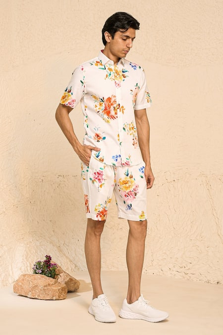 Chrkha_White Cotton Satin Print Floral Flower Bloom Shirt With Shorts _Online_at_Aza_Fashions