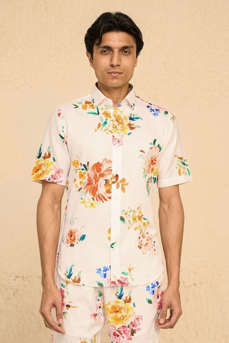 Buy_Chrkha_White Cotton Satin Print Floral Flower Bloom Shirt With Shorts _Online_at_Aza_Fashions