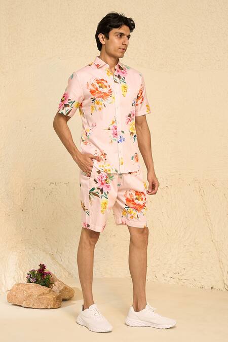 Chrkha_Pink Cotton Satin Print Floral Shirt With Shorts _Online_at_Aza_Fashions