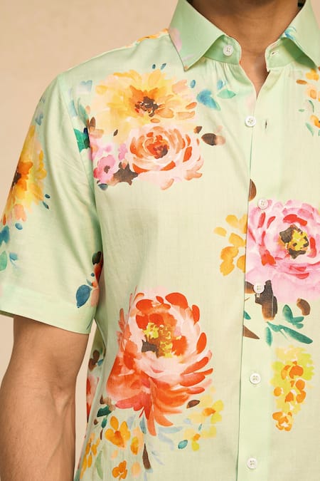 Chrkha Green Cotton Satin Print Floral Shirt Online at Aza Fashions Chrkha_Green Cotton Satin Print Floral Shirt _Online_at_Aza_Fashions