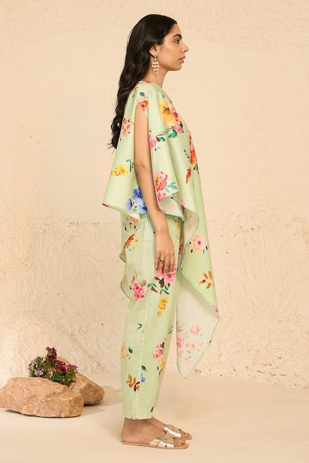 Buy_Chrkha_Green Asymmetric Floral Print Kaftan And Pant Set _Online_at_Aza_Fashions
