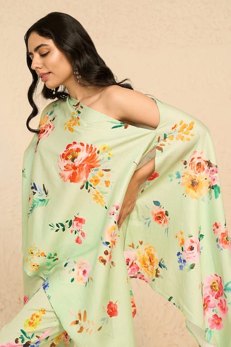 Chrkha_Green Asymmetric Floral Print Kaftan And Pant Set _at_Aza_Fashions