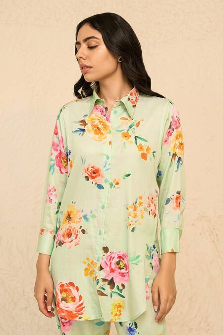 Buy Chrkha Green Cotton Satin Collared Floral Print Shirt With Pant Online at Aza Fashions Buy_Chrkha_Green Cotton Satin Collared Floral Print Shirt With Pant _Online_at_Aza_Fashions