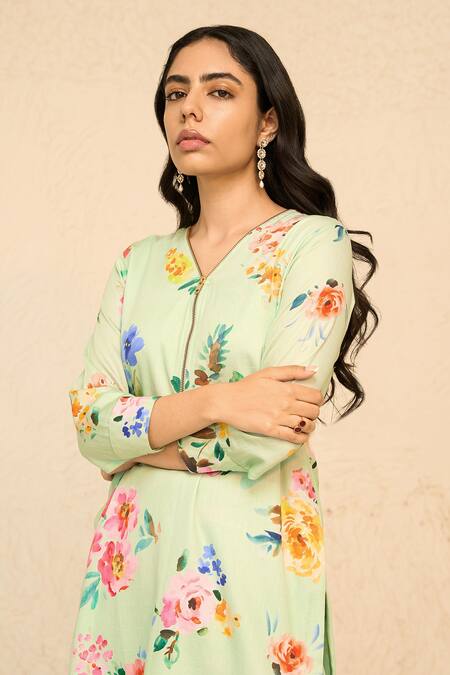 Shop Chrkha Green Cotton Satin Print Floral V Neck Flower Short Kurta With Pant Online at Aza Fashions Shop_Chrkha_Green Cotton Satin Print Floral V Neck Flower Short Kurta With Pant _Online_at_Aza_Fashions