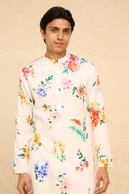 Shop_Chrkha_White Cotton Satin Print Floral Kurta With Pant _Online_at_Aza_Fashions
