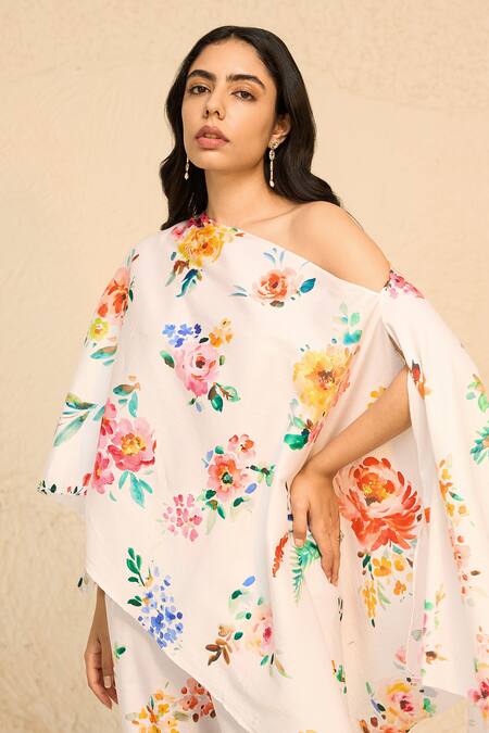 Chrkha_White Asymmetric Floral Print Kaftan And Pant Set _at_Aza_Fashions