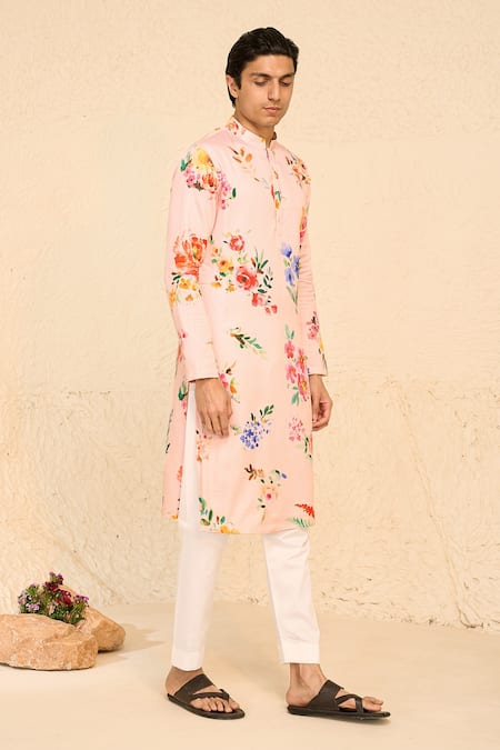 Chrkha_Pink Cotton Satin Print Floral Tropical Kurta With Pant _Online_at_Aza_Fashions