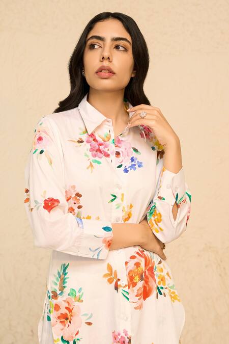 Buy Chrkha White Cotton Satin Collared Flower Bloom Print Shirt With Pant Online at Aza Fashions Buy_Chrkha_White Cotton Satin Collared Flower Bloom Print Shirt With Pant _Online_at_Aza_Fashions