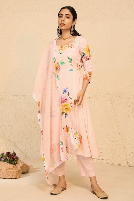 Chrkha_Pink Cotton Satin Print Floral Round Neck Kurta Set _Online_at_Aza_Fashions