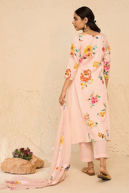 Shop_Chrkha_Pink Cotton Satin Print Floral Round Neck Kurta Set _at_Aza_Fashions