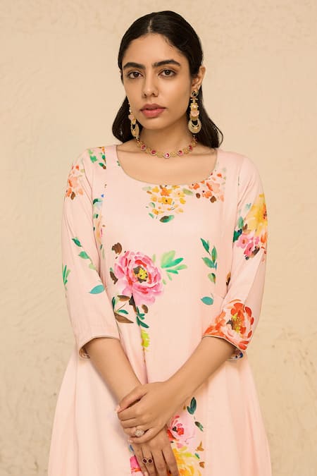 Buy_Chrkha_Pink Cotton Satin Print Floral Round Neck Kurta Set 