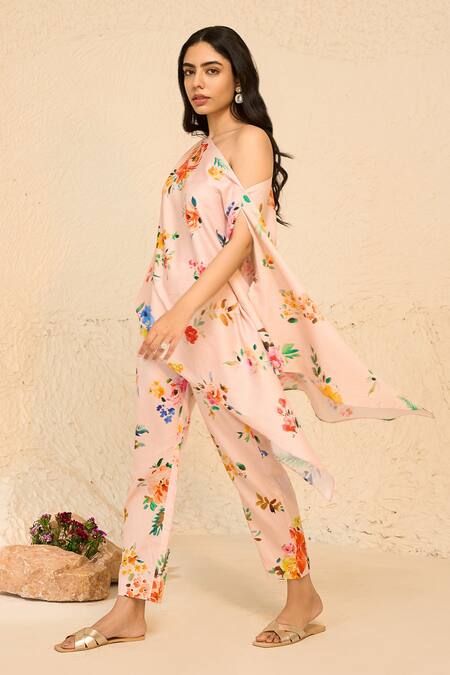 Chrkha_Pink Asymmetric Floral Print Kaftan And Pant Set _Online_at_Aza_Fashions
