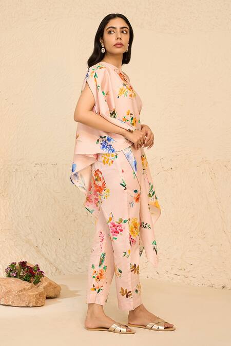 Buy_Chrkha_Pink Asymmetric Floral Print Kaftan And Pant Set _Online_at_Aza_Fashions