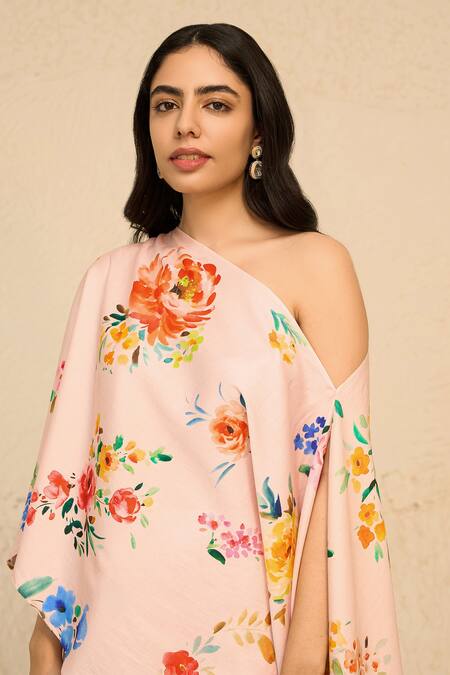 Shop_Chrkha_Pink Asymmetric Floral Print Kaftan And Pant Set _Online_at_Aza_Fashions