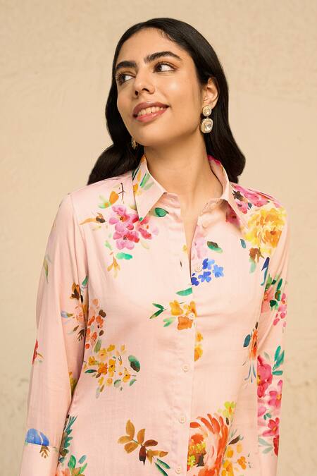 Buy Chrkha Pink Cotton Satin Collared Flower Print Shirt With Pant Online at Aza Fashions Buy_Chrkha_Pink Cotton Satin Collared Flower Print Shirt With Pant _Online_at_Aza_Fashions