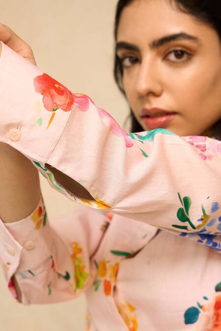 Shop Chrkha Pink Cotton Satin Collared Flower Print Shirt With Pant Online at Aza Fashions Shop_Chrkha_Pink Cotton Satin Collared Flower Print Shirt With Pant _Online_at_Aza_Fashions