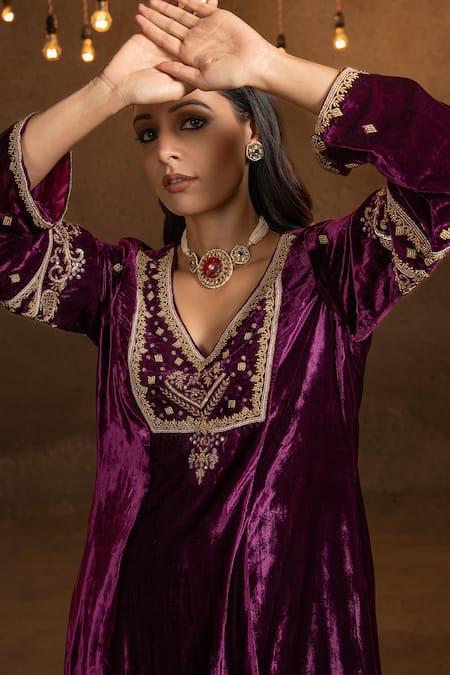 Shop_Glittire By Sakshi Verma_Purple Silk Velvet Cutdana, Sequin, Bead Leaf Neck Embroidered Yoke Kurta Set_Online_at_Aza_Fashions