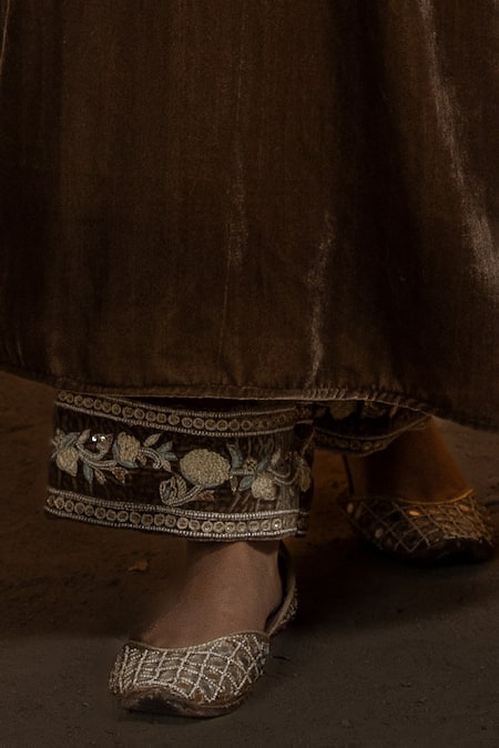 Glittire By Sakshi Verma_Brown Silk Velvet Mirror, Resham, Bead V Neck Placket Embroidered Angrakha Set_Online_at_Aza_Fashions