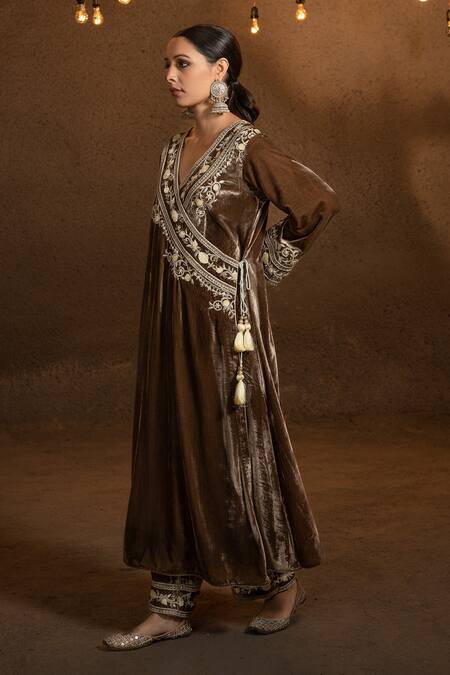 Shop_Glittire By Sakshi Verma_Brown Silk Velvet Mirror, Resham, Bead V Neck Placket Embroidered Angrakha Set_Online_at_Aza_Fashions