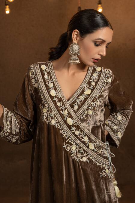 Glittire By Sakshi Verma_Brown Silk Velvet Mirror, Resham, Bead V Neck Placket Embroidered Angrakha Set_at_Aza_Fashions