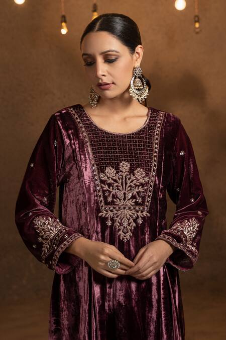 Shop_Glittire By Sakshi Verma_Wine Silk Velvet Cutdana, Dabka, Zari Round A-line Yoke Embroidered Kurta Set_Online_at_Aza_Fashions