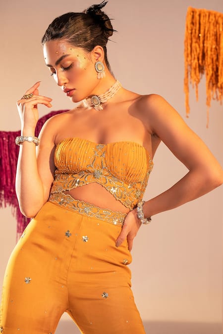 Buy Silky Bindra Yellow Organza Sequins, Crystals Sweetheart Embroidered Corset With Gharara Pant Online at Aza Fashions Buy_Silky Bindra_Yellow Organza Sequins, Crystals Sweetheart Embroidered Corset With Gharara Pant _Online_at_Aza_Fashions
