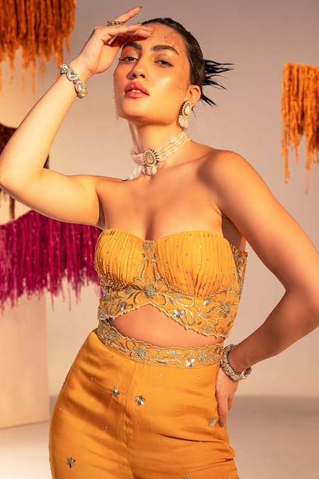 Shop Silky Bindra Yellow Organza Sequins, Crystals Sweetheart Embroidered Corset With Gharara Pant Online at Aza Fashions Shop_Silky Bindra_Yellow Organza Sequins, Crystals Sweetheart Embroidered Corset With Gharara Pant _Online_at_Aza_Fashions