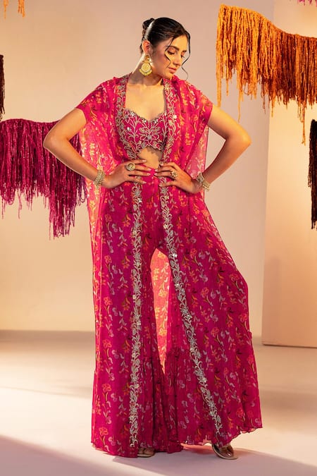 Silky Bindra Pink Georgette Sequins, Crystals, Embroidery Floral Bloom Print Jacket Pant Set Online at Aza Fashions Silky Bindra_Pink Georgette Sequins, Crystals, Embroidery Floral Bloom Print Jacket Pant Set _Online_at_Aza_Fashions