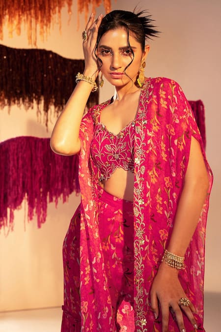 Buy Silky Bindra Pink Georgette Sequins, Crystals, Embroidery Floral Bloom Print Jacket Pant Set Online at Aza Fashions Buy_Silky Bindra_Pink Georgette Sequins, Crystals, Embroidery Floral Bloom Print Jacket Pant Set _Online_at_Aza_Fashions