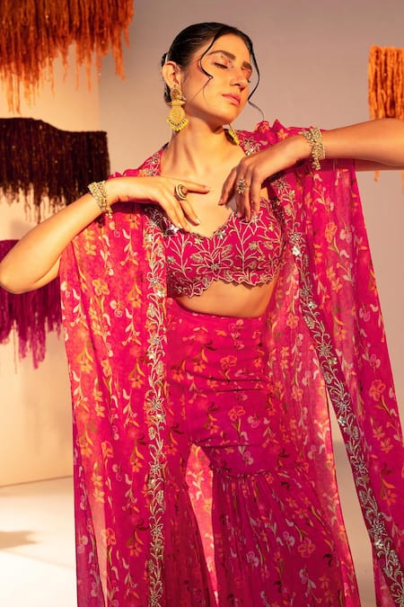 Shop Silky Bindra Pink Georgette Sequins, Crystals, Embroidery Floral Bloom Print Jacket Pant Set Online at Aza Fashions Shop_Silky Bindra_Pink Georgette Sequins, Crystals, Embroidery Floral Bloom Print Jacket Pant Set _Online_at_Aza_Fashions