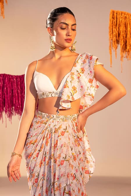 Buy Silky Bindra White Georgette, Silk, Satin Crystals, Sequins, Floral Print Draped Skirt Set Online at Aza Fashions Buy_Silky Bindra_White Georgette, Silk, Satin Crystals, Sequins, Floral Print Draped Skirt Set _Online_at_Aza_Fashions