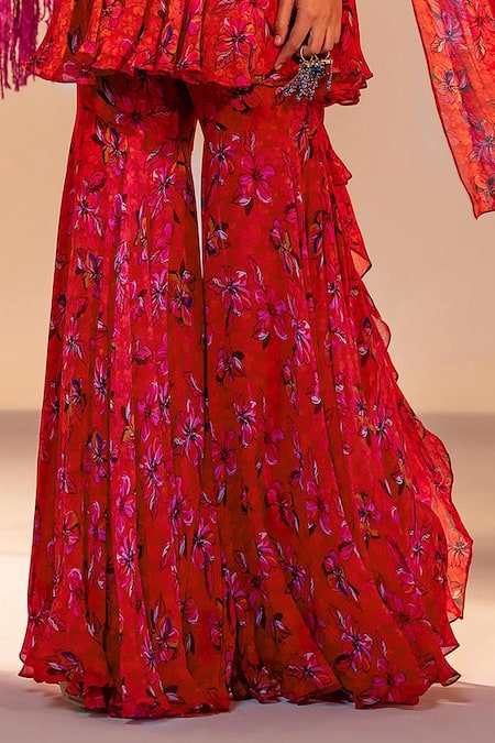 Silky Bindra Orange Georgette, Chiffon, Satin Sequins, Floral Bloom Print Tunic And Gharara Set Online at Aza Fashions Silky Bindra_Orange Georgette, Chiffon, Satin Sequins, Floral Bloom Print Tunic And Gharara Set _Online_at_Aza_Fashions